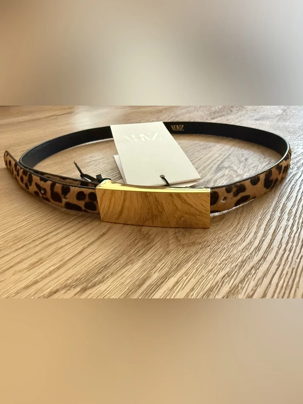 ZARA Leather leopard textured belt and gold buckle
